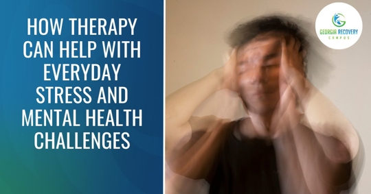 man holding head and blurry focus to represent anxiety